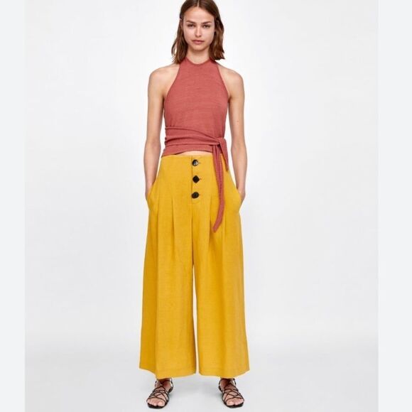 ZARA Linen Pleated Pants with Buttons trousers Yellow - Picture 1 of 13